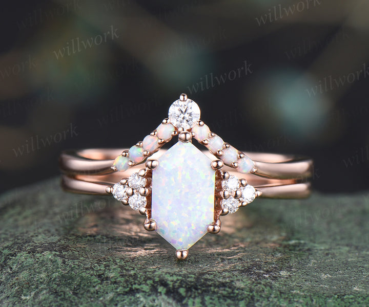 Elongated hexagon shape opal ring set unique white opal engagement ring art deco curved wedding band October birthstone jewelry bridal ring set