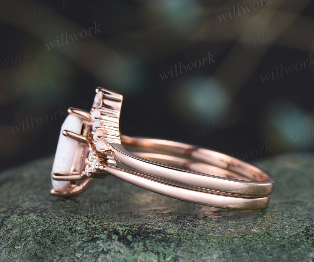 Elongated hexagon shape opal ring set unique white opal engagement ring art deco curved wedding band October birthstone jewelry bridal ring set