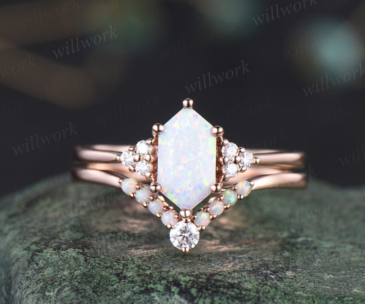 Elongated hexagon shape opal ring set unique white opal engagement ring art deco curved wedding band October birthstone jewelry bridal ring set