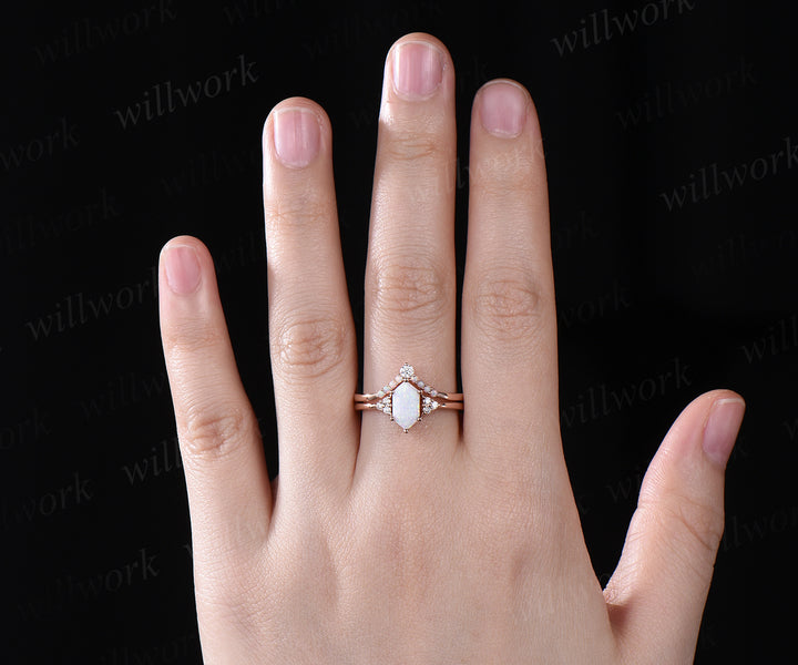 Elongated hexagon shape opal ring set unique white opal engagement ring art deco curved wedding band October birthstone jewelry bridal ring set