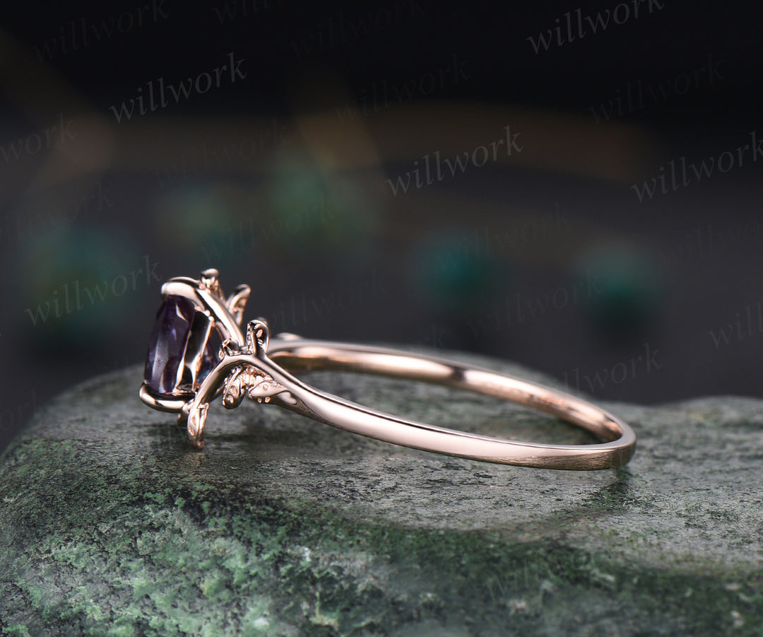 Unique alexandrite engagement ring 14k rose gold nature inspiration leaf ring art deco promise ring anniversary gifts for women