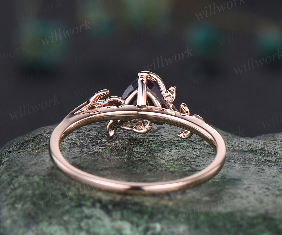 Unique alexandrite engagement ring 14k rose gold nature inspiration leaf ring art deco promise ring anniversary gifts for women