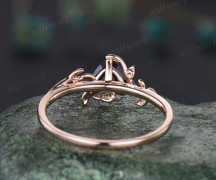 Unique alexandrite engagement ring 14k rose gold nature inspiration leaf ring art deco promise ring anniversary gifts for women