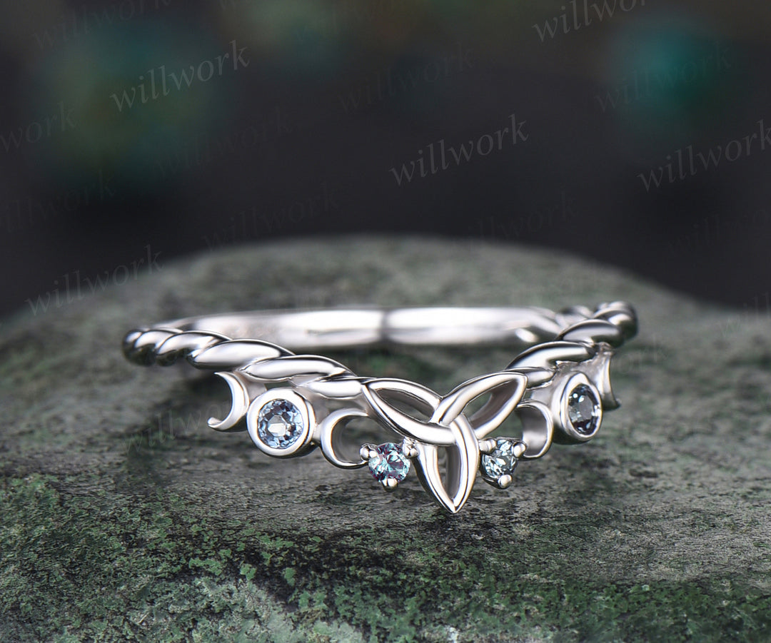 Alexandrite wedding band unique twisted color change gemstone ring for women celtic knot moon white gold wedding ring band unique bridal ring