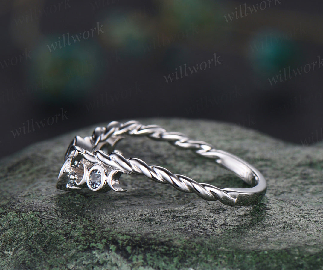 Alexandrite wedding band unique twisted color change gemstone ring for women celtic knot moon white gold wedding ring band unique bridal ring
