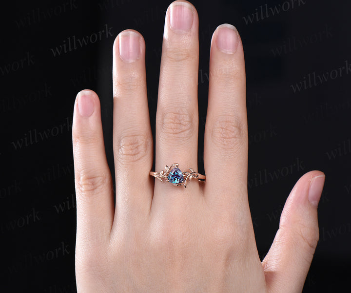 Unique alexandrite engagement ring 14k rose gold nature inspiration leaf ring art deco promise ring anniversary gifts for women