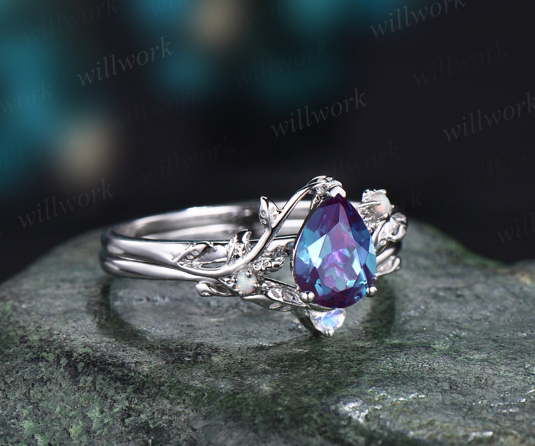 Pear cut Alexandrite engagement ring set white gold twig leaf color change gemstone ring moonstone wedding band birthstone ring bridal set