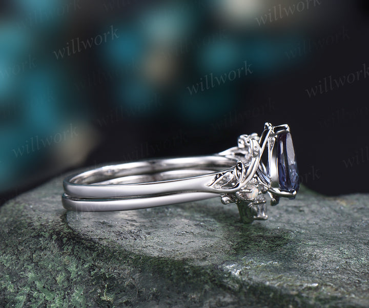 Pear cut Alexandrite engagement ring set white gold twig leaf color change gemstone ring moonstone wedding band birthstone ring bridal set