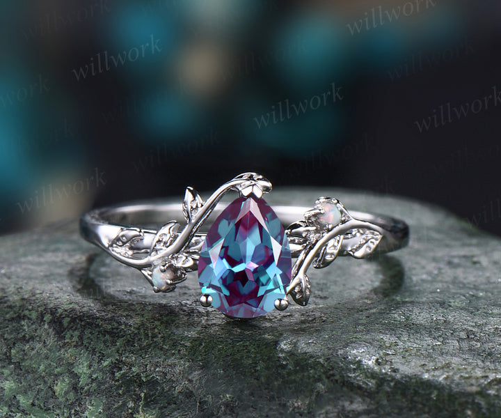 Pear cut Alexandrite engagement ring set white gold twig leaf color change gemstone ring moonstone wedding band birthstone ring bridal set