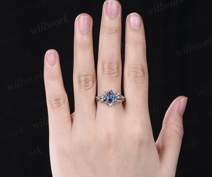 Pear cut Alexandrite engagement ring set white gold twig leaf color change gemstone ring moonstone wedding band birthstone ring bridal set