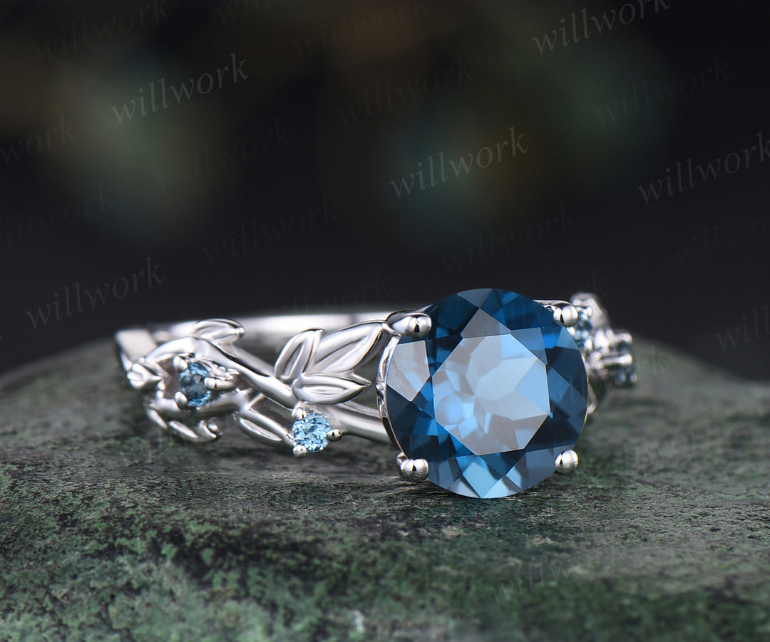 8mm round London blue topaz engagement ring twig leaf solid 14k white 5 stones ring December birthstone ring wedding anniversary bridal gift