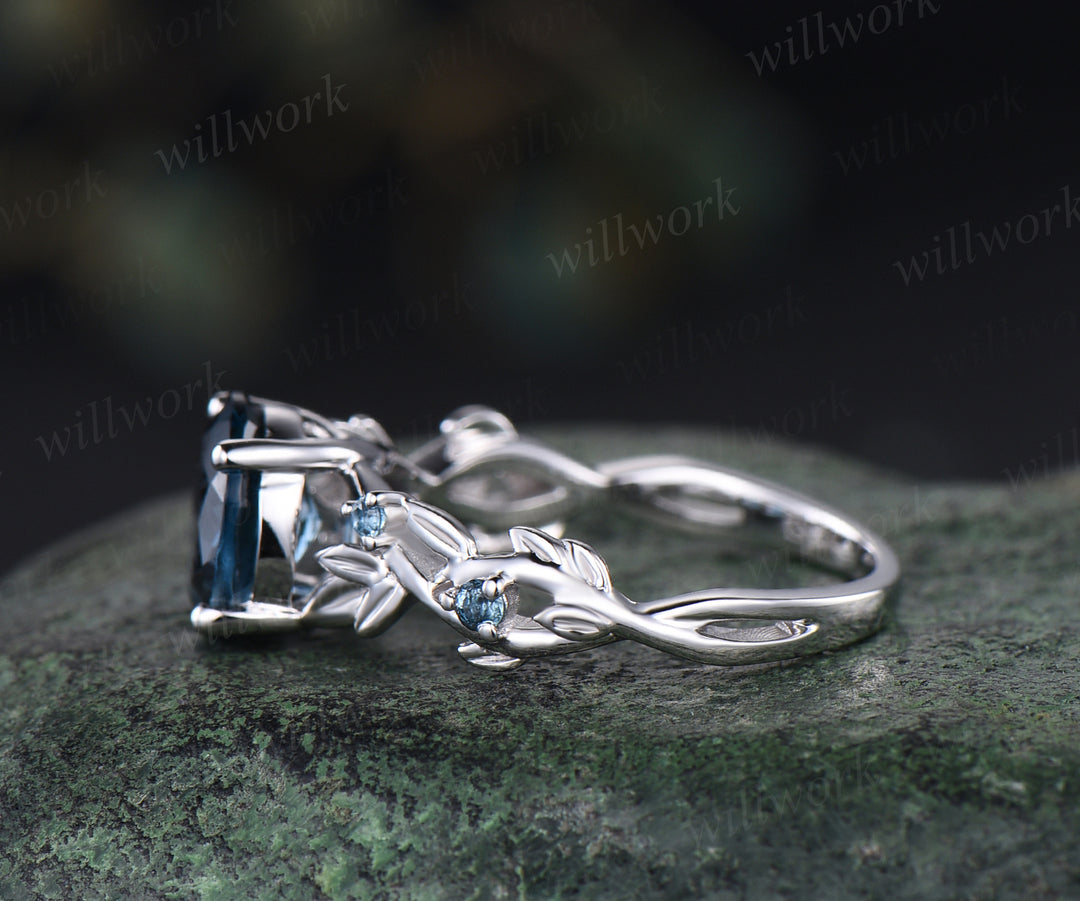 8mm round London blue topaz engagement ring twig leaf solid 14k white 5 stones ring December birthstone ring wedding anniversary bridal gift