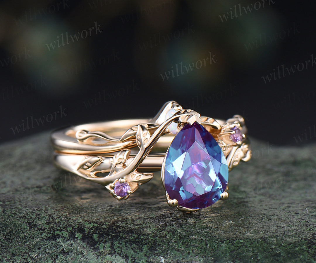 Teardrop Alexandrite engagement ring set nature inspired twig leaf color change gemstone amethyst ring opal wedding band birthstone ring bridal set