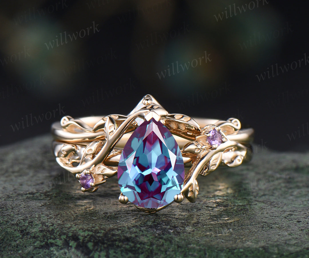 Teardrop Alexandrite engagement ring set nature inspired twig leaf color change gemstone amethyst ring opal wedding band birthstone ring bridal set