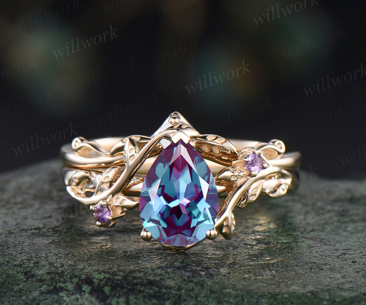 Teardrop Alexandrite engagement ring set nature inspired twig leaf color change gemstone amethyst ring opal wedding band birthstone ring bridal set