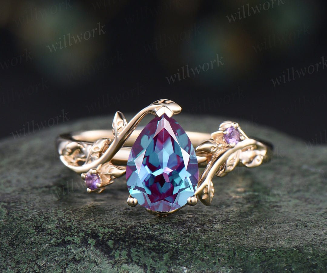 Teardrop Alexandrite engagement ring set nature inspired twig leaf color change gemstone amethyst ring opal wedding band birthstone ring bridal set