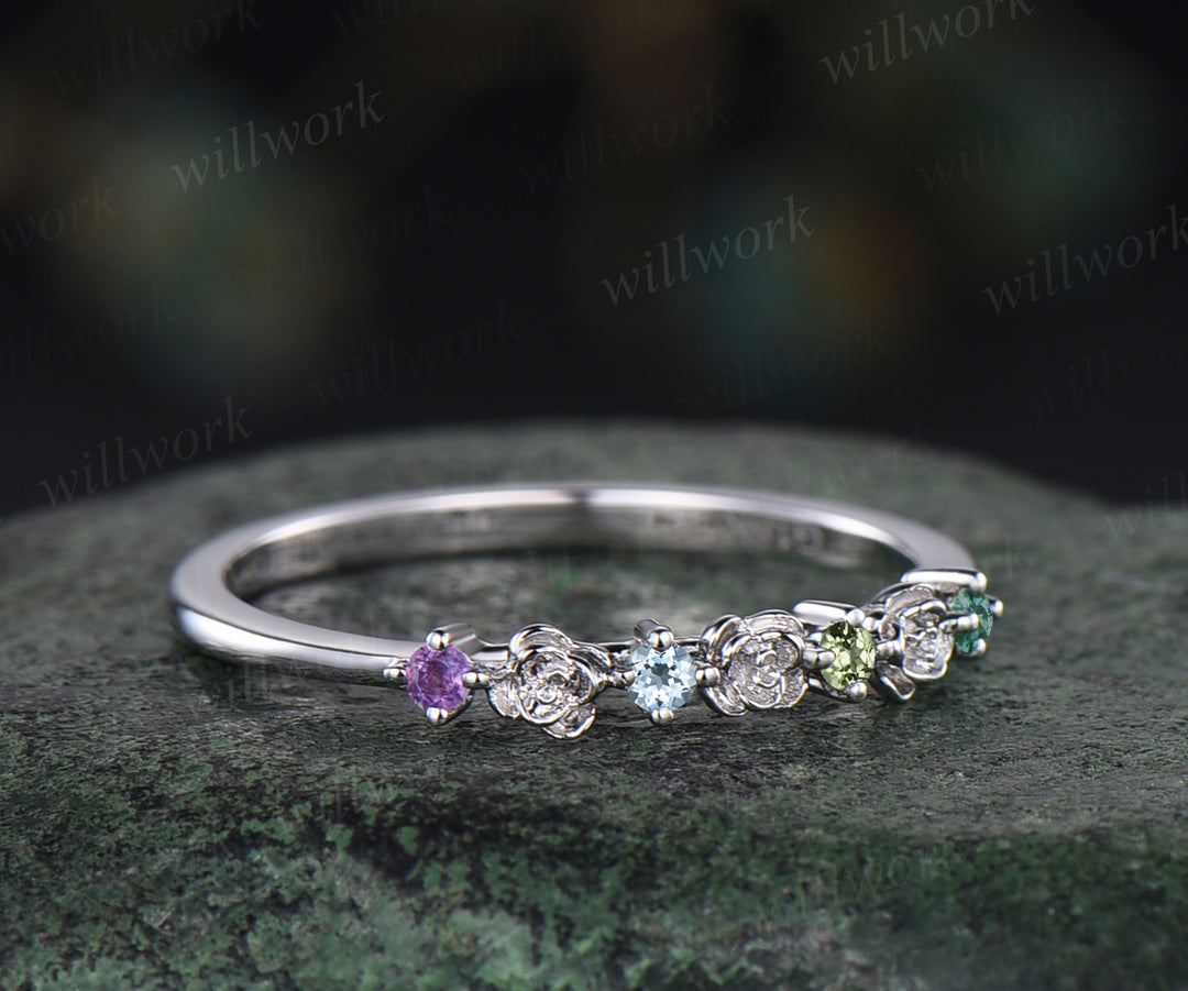 Dainty flower natural amethyst wedding band 14k white gold Multi-stone colorful gems stacking band for women anniversary ring gift