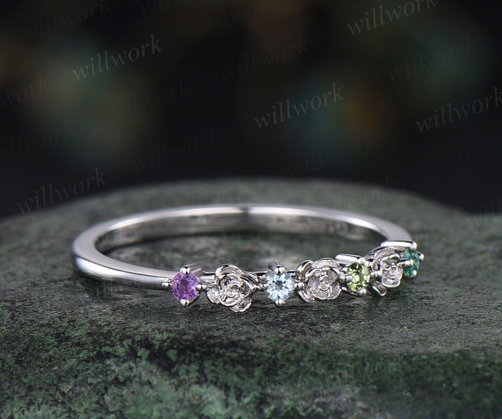 Dainty flower natural amethyst wedding band 14k white gold colorful gems stacking band birthstone ring for women anniversary ring gift