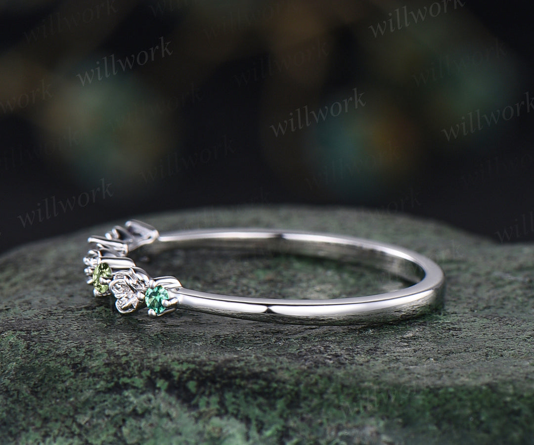 Dainty flower natural amethyst wedding band 14k white gold Multi-stone colorful gems stacking band for women anniversary ring gift