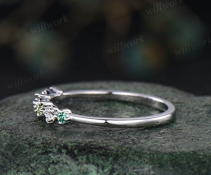 Dainty flower natural amethyst wedding band 14k white gold Multi-stone colorful gems stacking band for women anniversary ring gift