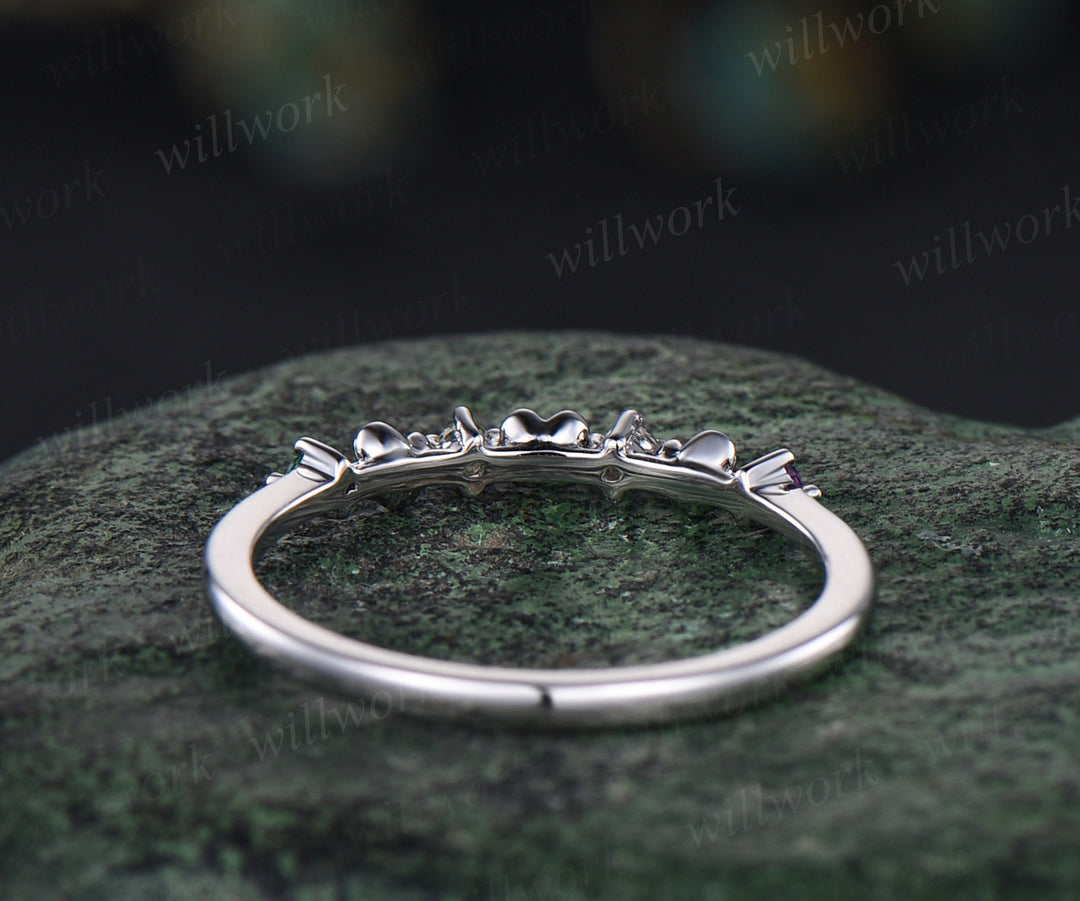 Dainty flower natural amethyst wedding band 14k white gold Multi-stone colorful gems stacking band for women anniversary ring gift