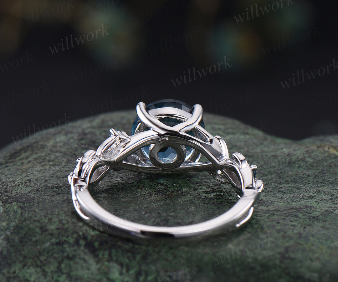 8mm round London blue topaz engagement ring twig leaf solid 14k white 5 stones ring December birthstone ring wedding anniversary bridal gift