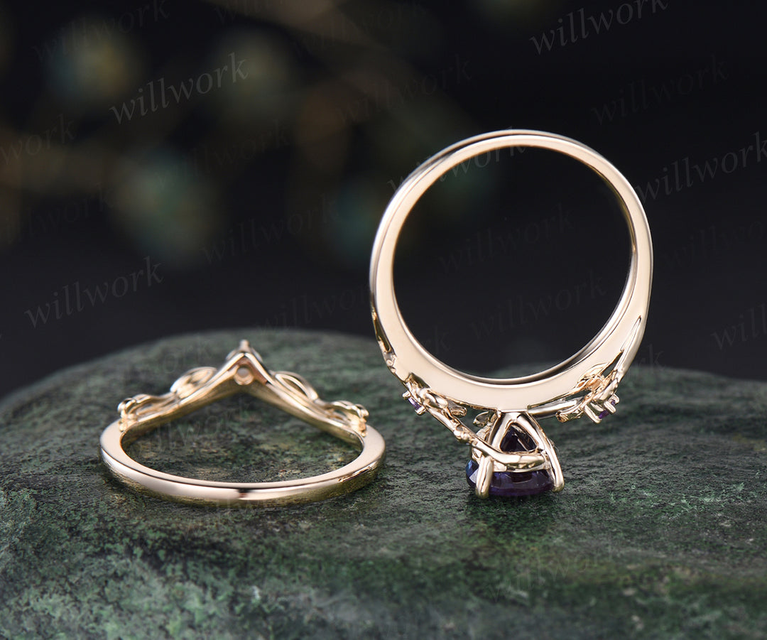 Teardrop Alexandrite engagement ring set nature inspired twig leaf color change gemstone amethyst ring opal wedding band birthstone ring bridal set