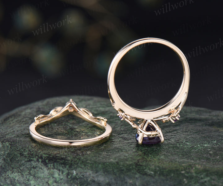 Teardrop Alexandrite engagement ring set nature inspired twig leaf color change gemstone amethyst ring opal wedding band birthstone ring bridal set