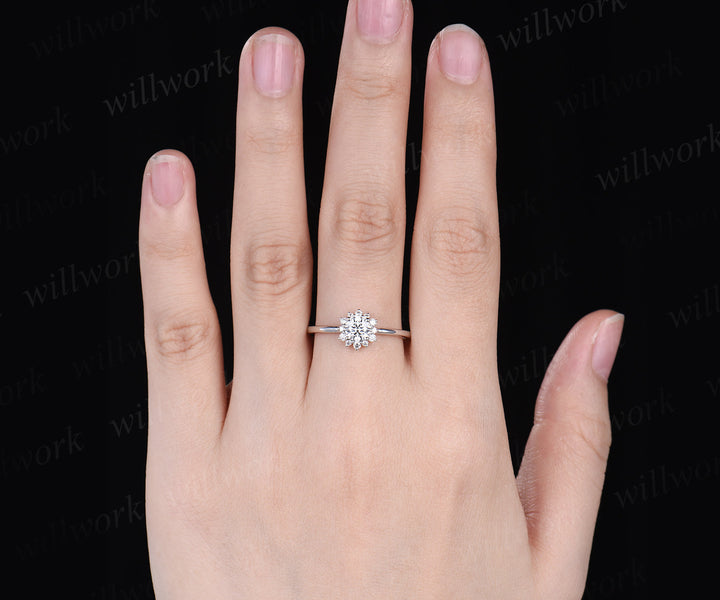 Dainty 5mm moissanite ring vintage round moissanite engagement ring  solid 14k white gold sunflower halo diamonds ring bridal gifts