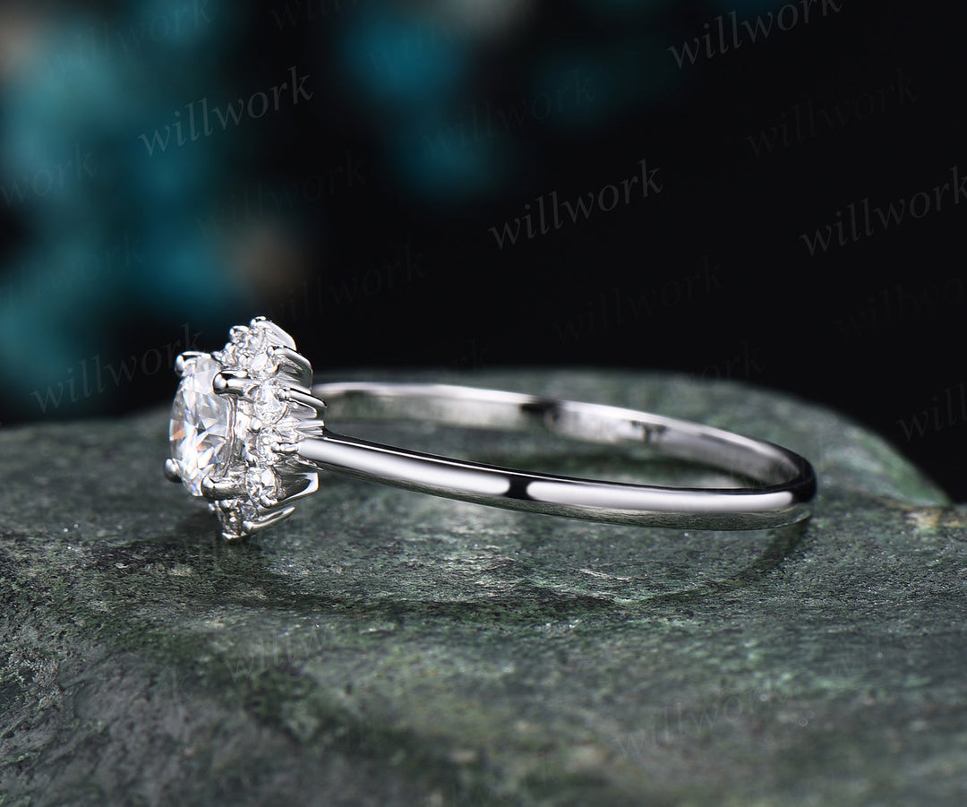 Dainty 5mm moissanite ring vintage round moissanite engagement ring  solid 14k white gold sunflower halo diamonds ring bridal gifts