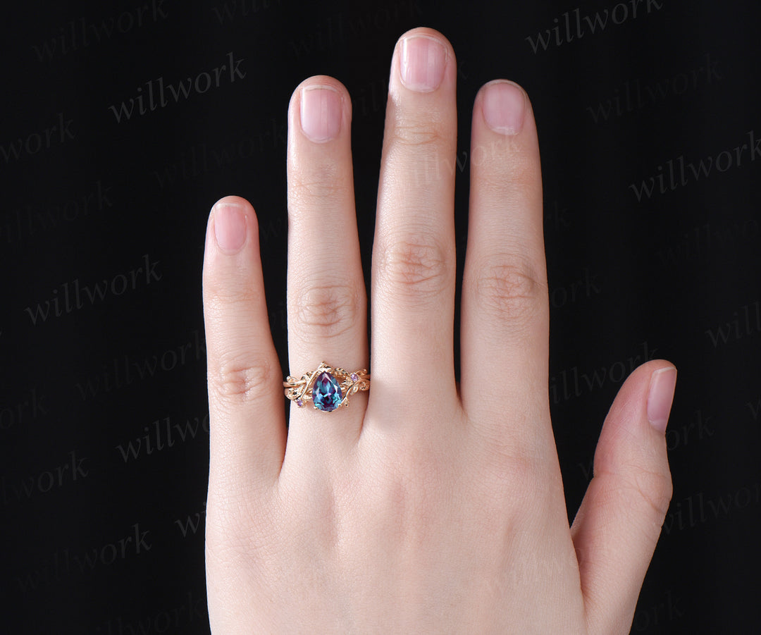 Teardrop Alexandrite engagement ring set nature inspired twig leaf color change gemstone amethyst ring opal wedding band birthstone ring bridal set