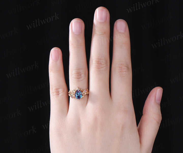 Teardrop Alexandrite engagement ring set nature inspired twig leaf color change gemstone amethyst ring opal wedding band birthstone ring bridal set