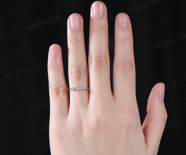 Dainty flower natural amethyst wedding band 14k white gold Multi-stone colorful gems stacking band for women anniversary ring gift