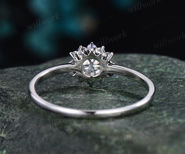 Dainty 5mm moissanite ring vintage round moissanite engagement ring  solid 14k white gold sunflower halo diamonds ring bridal gifts