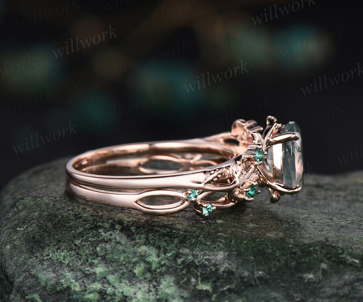 6x8mm oval cut natural moss agate nature inspired engagement ring set 14k rose gold twig leaf ring art deco emerald wedding band bridal set jewelry gifts Anniversary gift