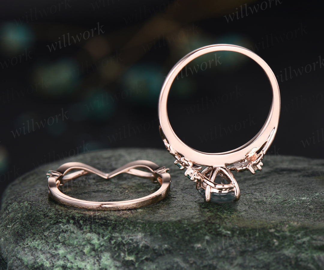 6x8mm oval cut natural moss agate nature inspired engagement ring set 14k rose gold twig leaf ring art deco emerald wedding band bridal set jewelry gifts Anniversary gift