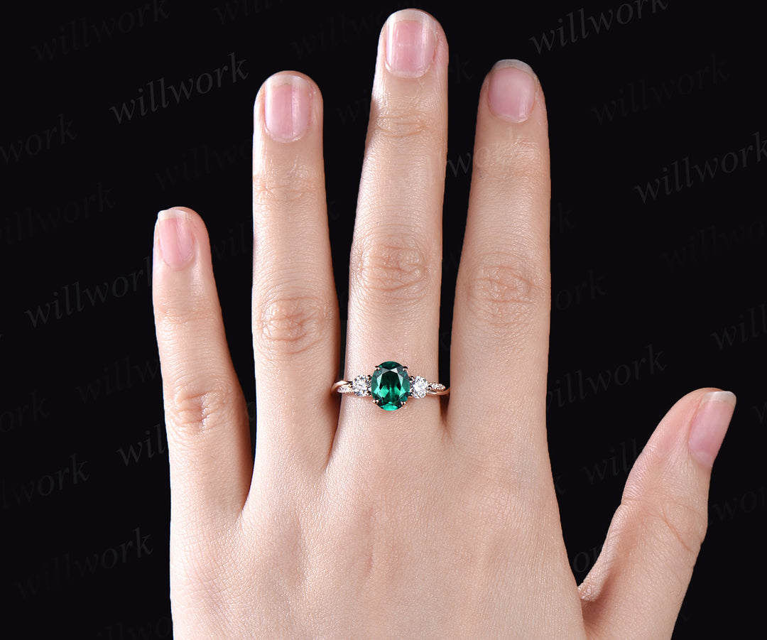 Unique oval emerald engagement ring 14k rose gold twisted moissanites ring flower May birthstone promise wedding ring for women