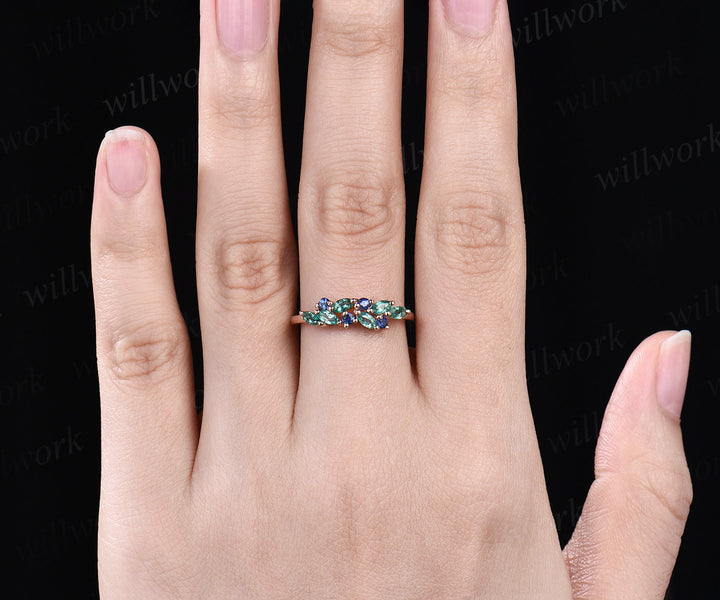 Vintage marquise emerald wedding band blue sapphire cluster stackable ring 14k rose gold unique matching band May birthstone ring