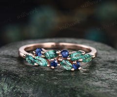 Vintage marquise emerald wedding band blue sapphire cluster stackable ring 14k rose gold unique matching band May birthstone ring