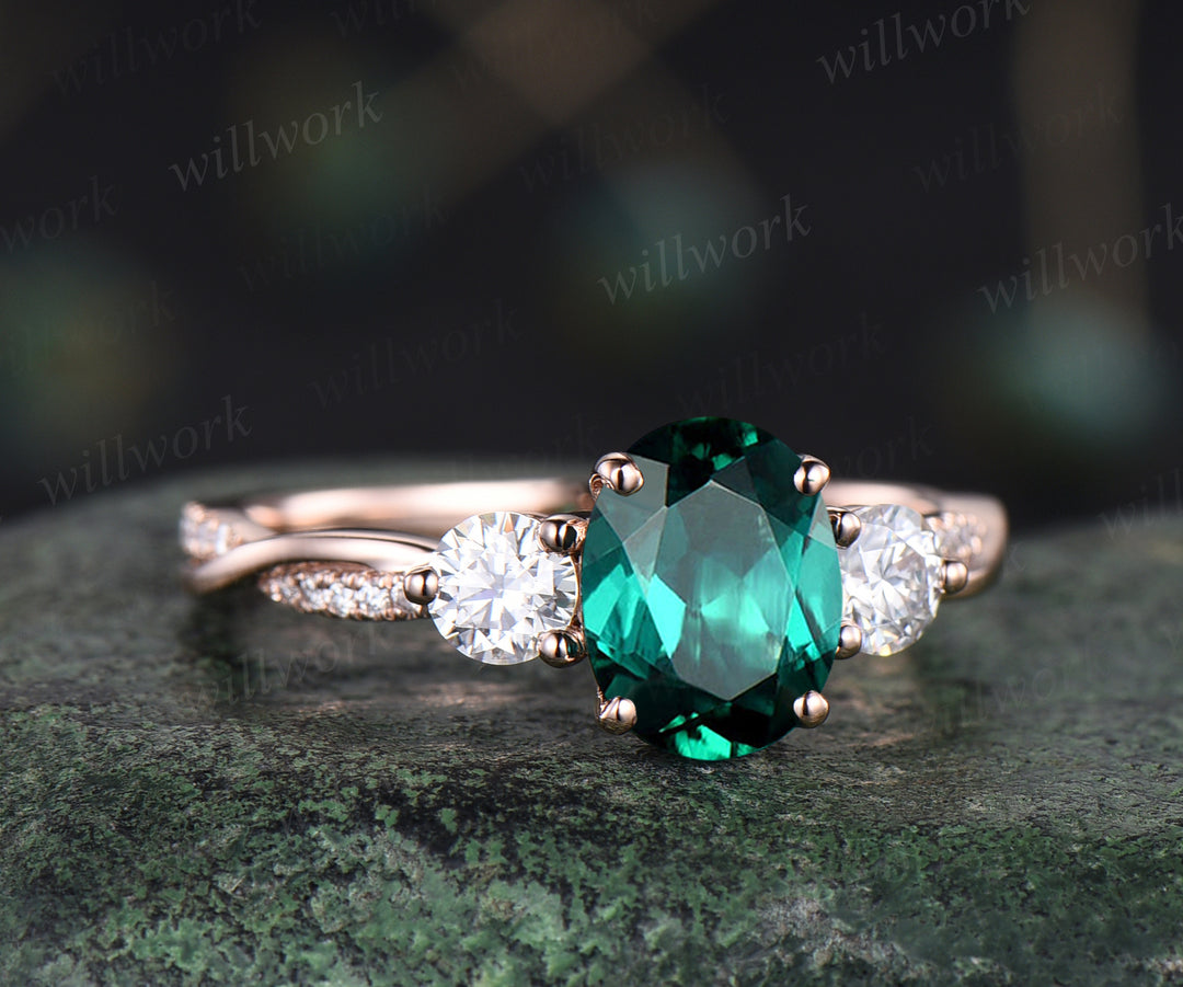 Unique oval emerald engagement ring 14k rose gold twisted moissanites ring flower May birthstone promise wedding ring for women