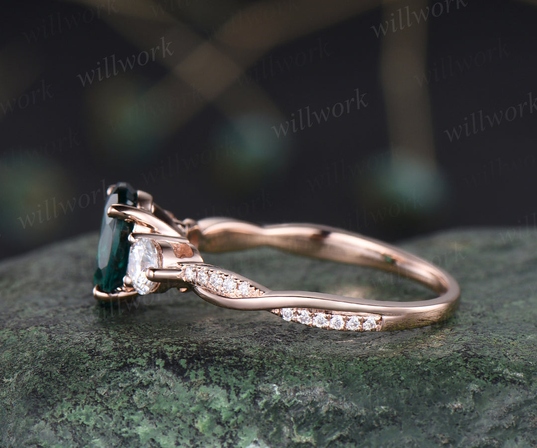 Unique oval emerald engagement ring 14k rose gold twisted moissanites ring flower May birthstone promise wedding ring for women