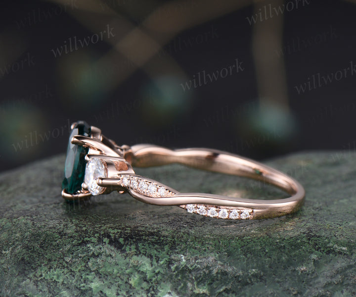 Unique oval emerald engagement ring 14k rose gold twisted moissanites ring flower May birthstone promise wedding ring for women