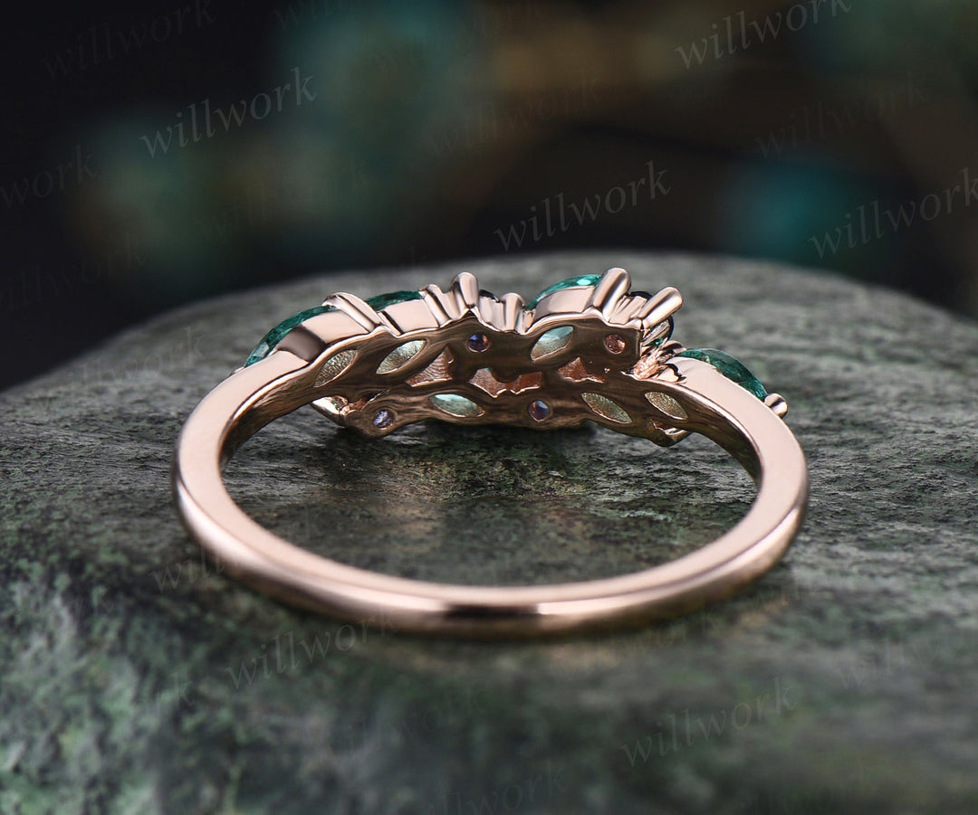 Vintage marquise emerald wedding band blue sapphire cluster stackable ring 14k rose gold unique matching band May birthstone ring