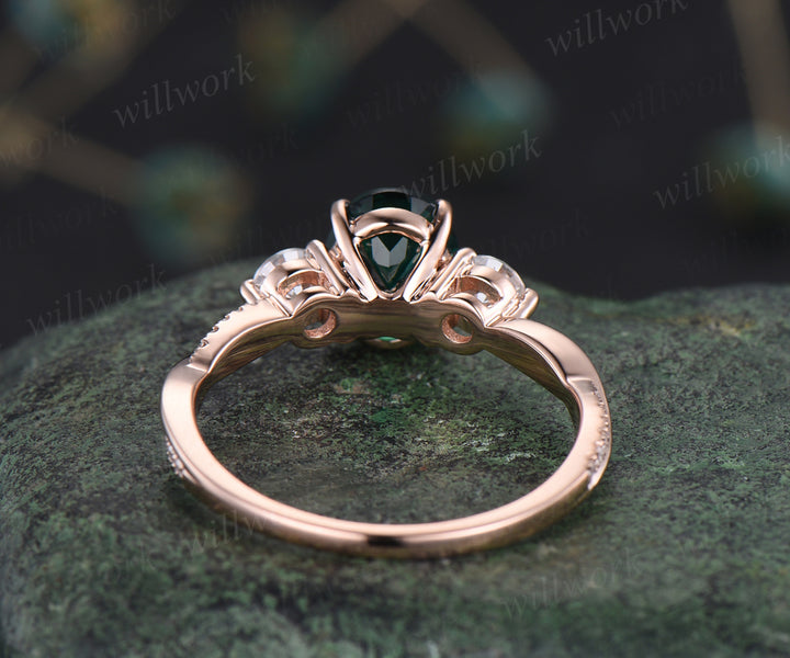 Unique oval emerald engagement ring 14k rose gold twisted moissanites ring flower May birthstone promise wedding ring for women
