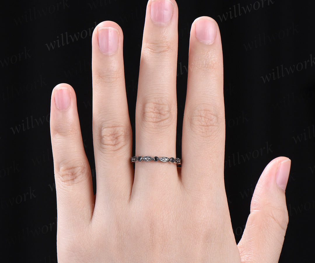 Vintage black diamonds wedding band milgrain art dece full eternity band 14k white gold unique stacking ring bridal gifts anniversary promise ring