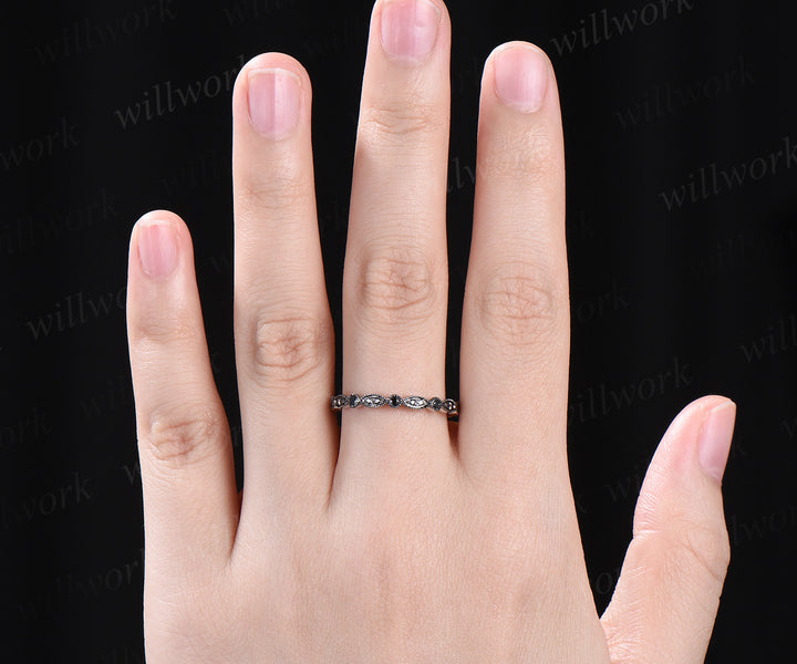 Vintage black diamonds wedding band milgrain art dece full eternity band 14k white gold unique stacking ring bridal gifts anniversary promise ring