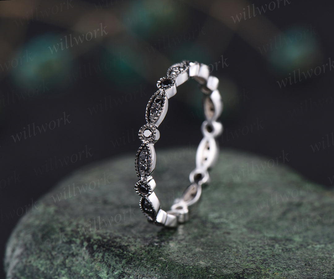 Vintage black diamonds wedding band milgrain art dece full eternity band 14k white gold unique stacking ring bridal gifts anniversary promise ring