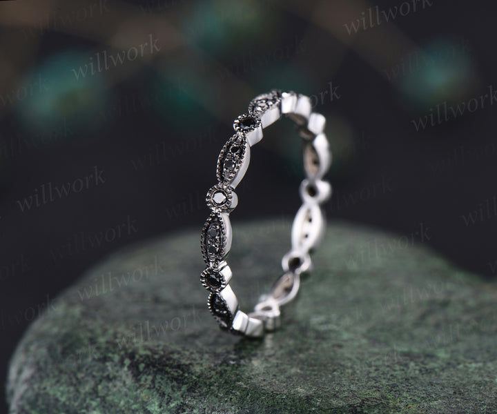 Vintage black diamonds wedding band milgrain art dece full eternity band 14k white gold unique stacking ring bridal gifts anniversary promise ring