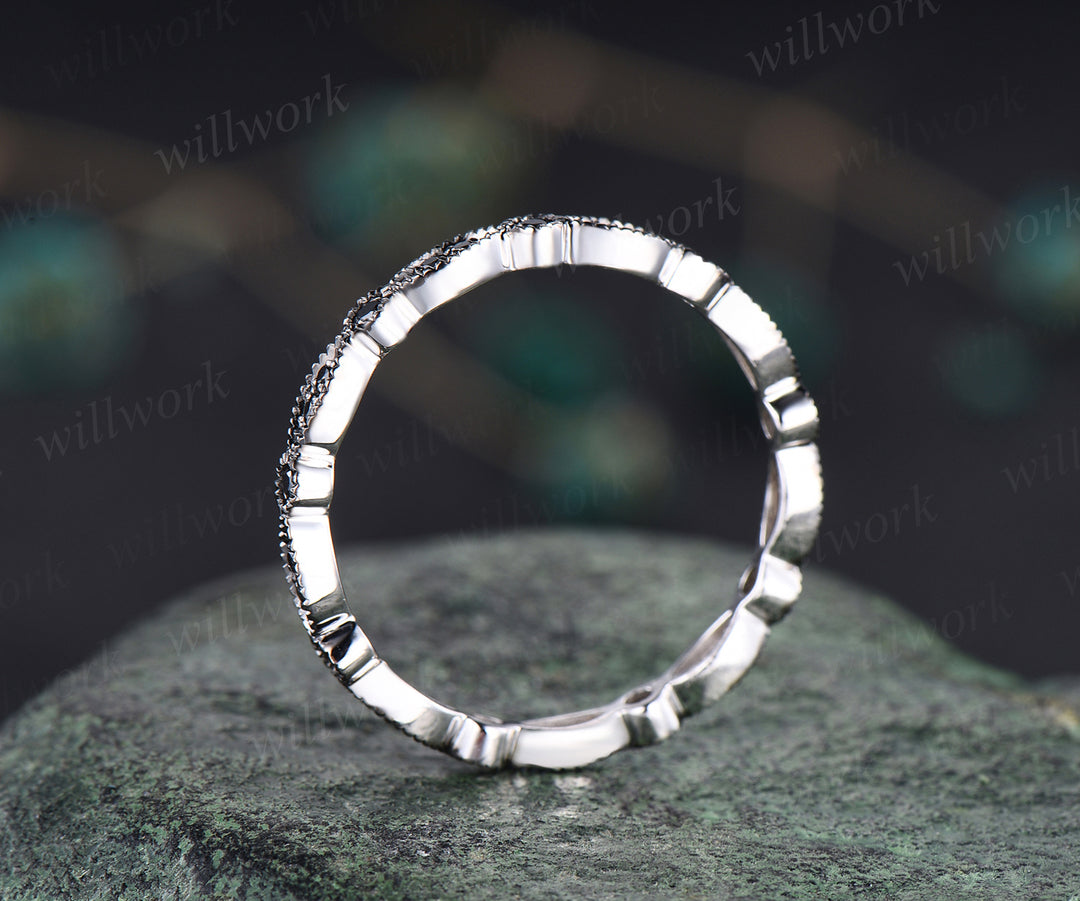 Vintage black diamonds wedding band milgrain art dece full eternity band 14k white gold unique stacking ring bridal gifts anniversary promise ring