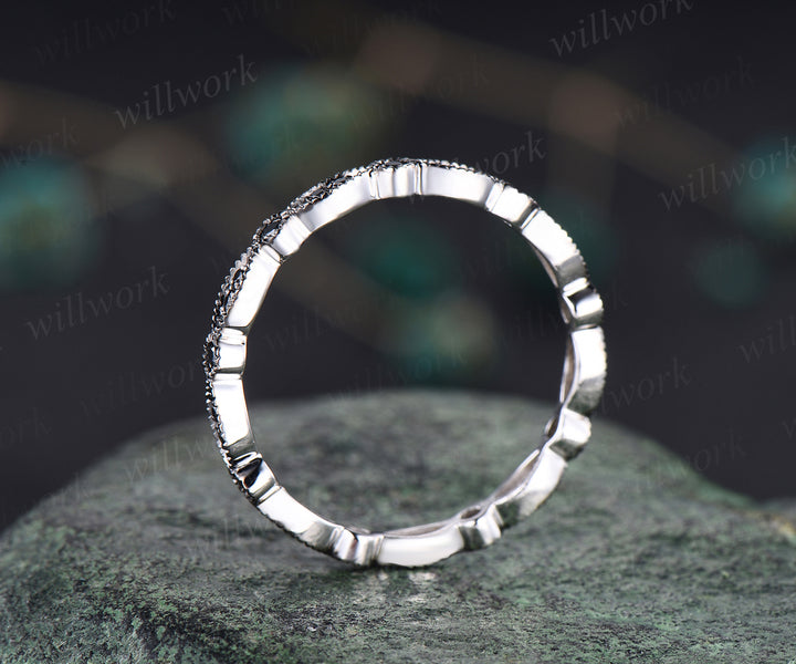 Vintage black diamonds wedding band milgrain art dece full eternity band 14k white gold unique stacking ring bridal gifts anniversary promise ring